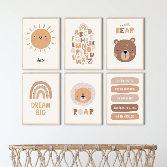 Kinderzimmerposter_Süße_freunde_boho_beige_A4_6er_Set