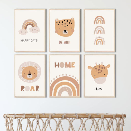 Kinderzimmerposter_Süße_freunde_boho_beige_A4_6er_Set
