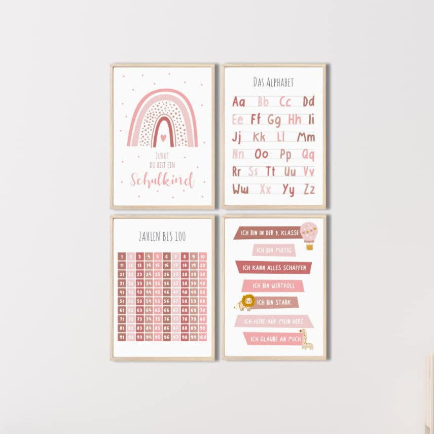 Kinderzimmerposter_Lernposter_Einschulung_A4_4er_Set_rosa