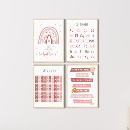 Kinderzimmerposter_Lernposter_Einschulung_A4_4er_Set_rosa