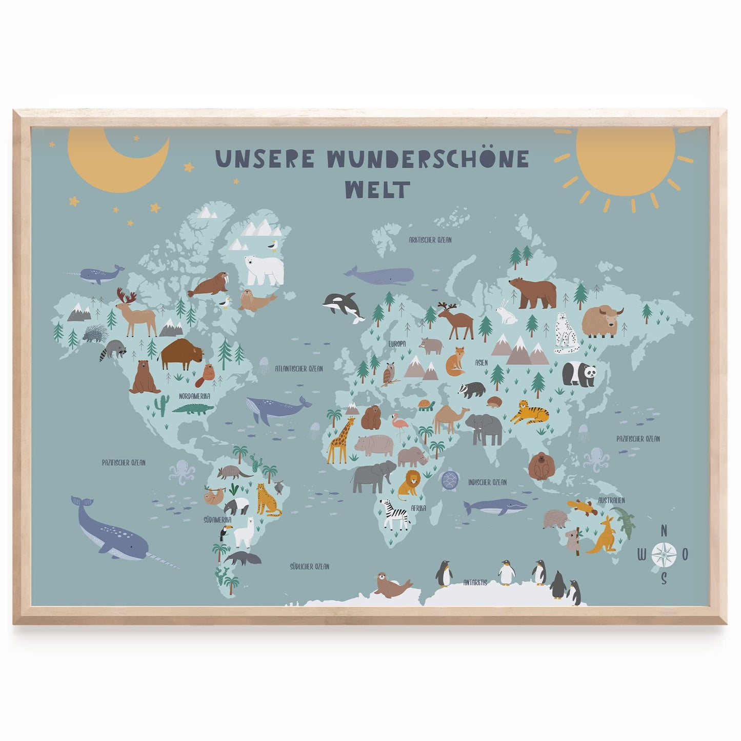 Kinderzimmerposter_Lernposter_Weltkarte_A2_blau_türkis
