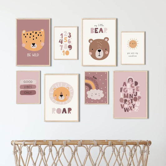 Kinderzimmerposter_Süße_freunde_boho_rosa_A4_A5_8er_Set