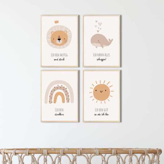 Kinderzimmerposter_Süße_Tiere_A4_4er_Set_beige_Affirmationen