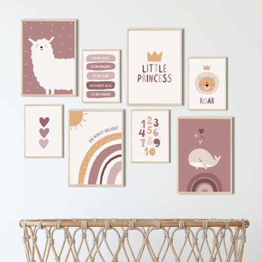 Kinderzimmerposter_Alpaka_boho_rosa_A4_A5_8er_Set