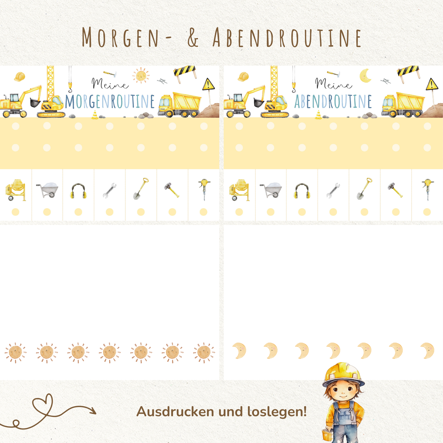 Morgen- & Abendroutine für Kinder | zum sofort Ausdrucken | Bagger