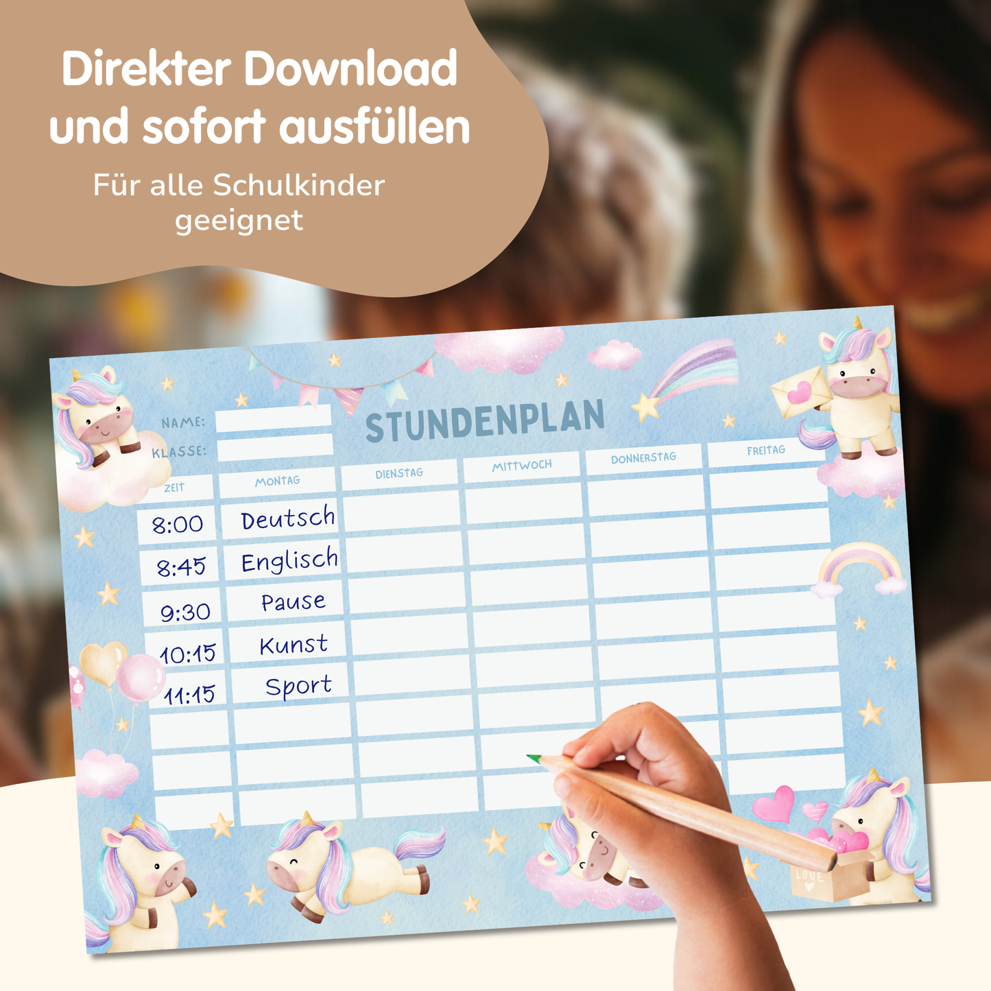 Stundenplan für Kinder | zum Ausdrucken | Einhorn