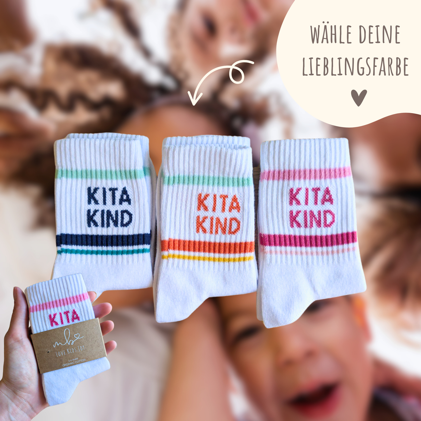 Süße Kitakind Socken | Inkl. Baumwollsäckchen & Mutmacher-Karte als Geschenkeset