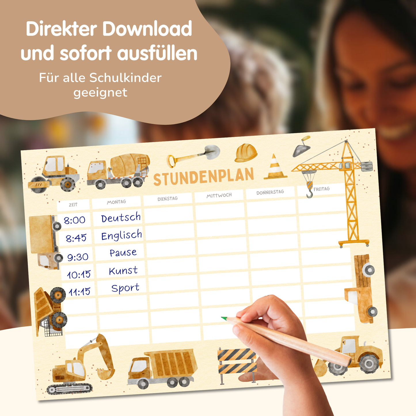 Stundenplan für Kinder | zum Ausdrucken | Bagger