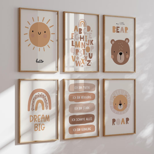 kinderzimmerposter-boho-loewe-baer-beige-6er-set
