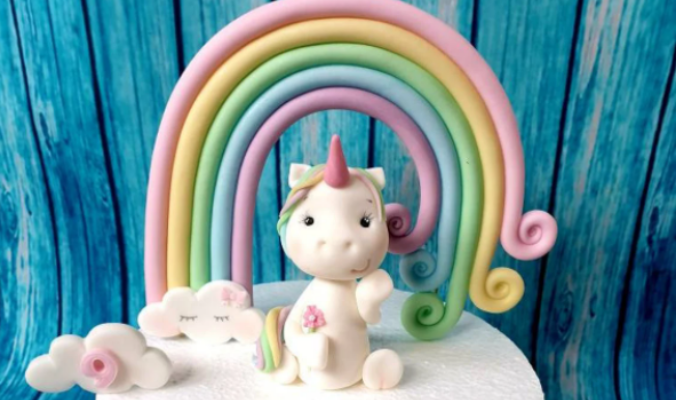 Tortendeko Set Regenbogen mit Einhorn und Wölkchen Fondant Figur