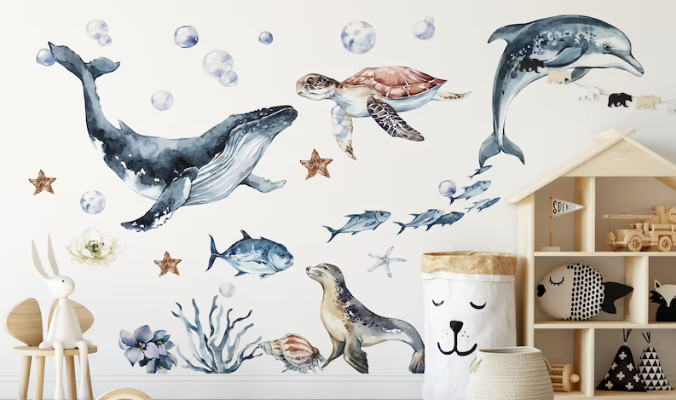 XXL Sticker Set Kinderzimmer, Aquarell Meeres Tiere