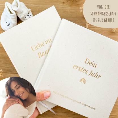Geschenk Schwangerschaft & Geburt – Leinenbücher Set „Liebe im Bauch“ & „Mein erstes Jahr“