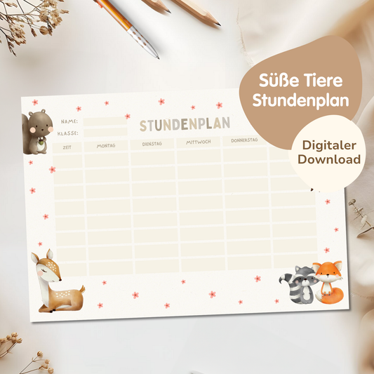 Stundenplan für Kinder | zum Ausdrucken | Süße Tiere