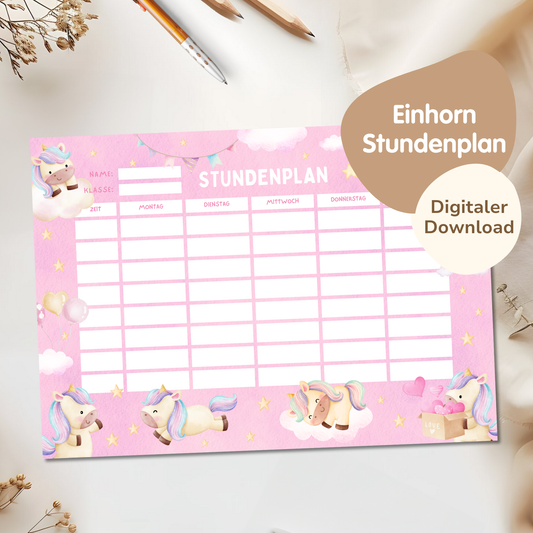 Stundenplan für Kinder | zum Ausdrucken | Einhorn