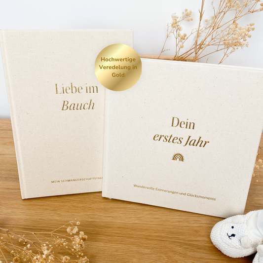 Geschenk Schwangerschaft & Geburt – Leinenbücher Set „Liebe im Bauch“ & „Mein erstes Jahr“