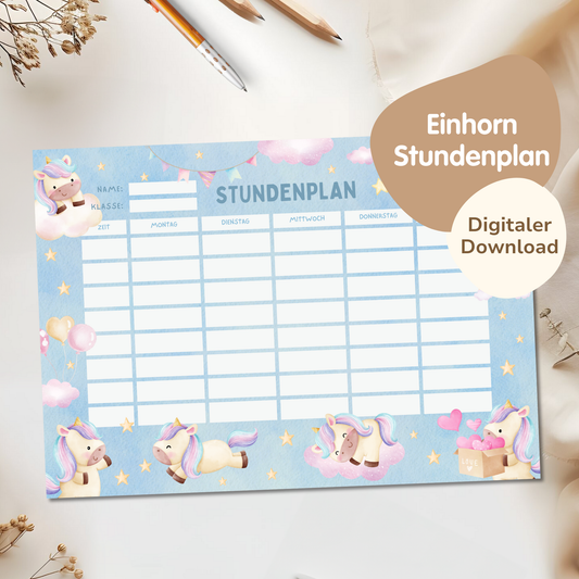Stundenplan für Kinder | zum Ausdrucken | Einhorn
