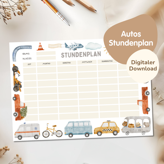 Stundenplan für Kinder | zum Ausdrucken | Autos