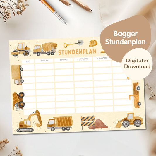 Stundenplan für Kinder | zum Ausdrucken | Bagger
