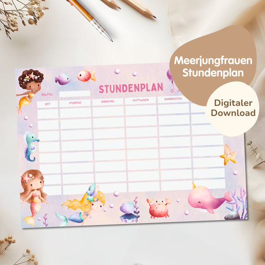 Stundenplan für Kinder | zum Ausdrucken | Meerjungfrau