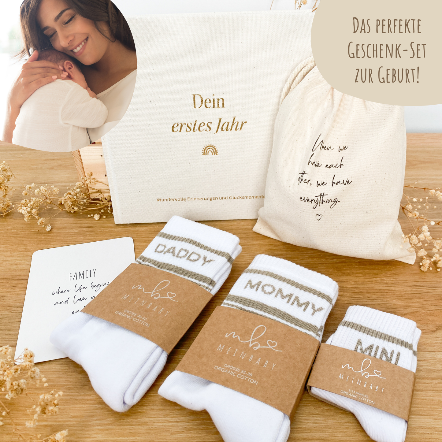 Geschenk zur Geburt Baby – Geschenkset mit Babyalbum & Familien Socken