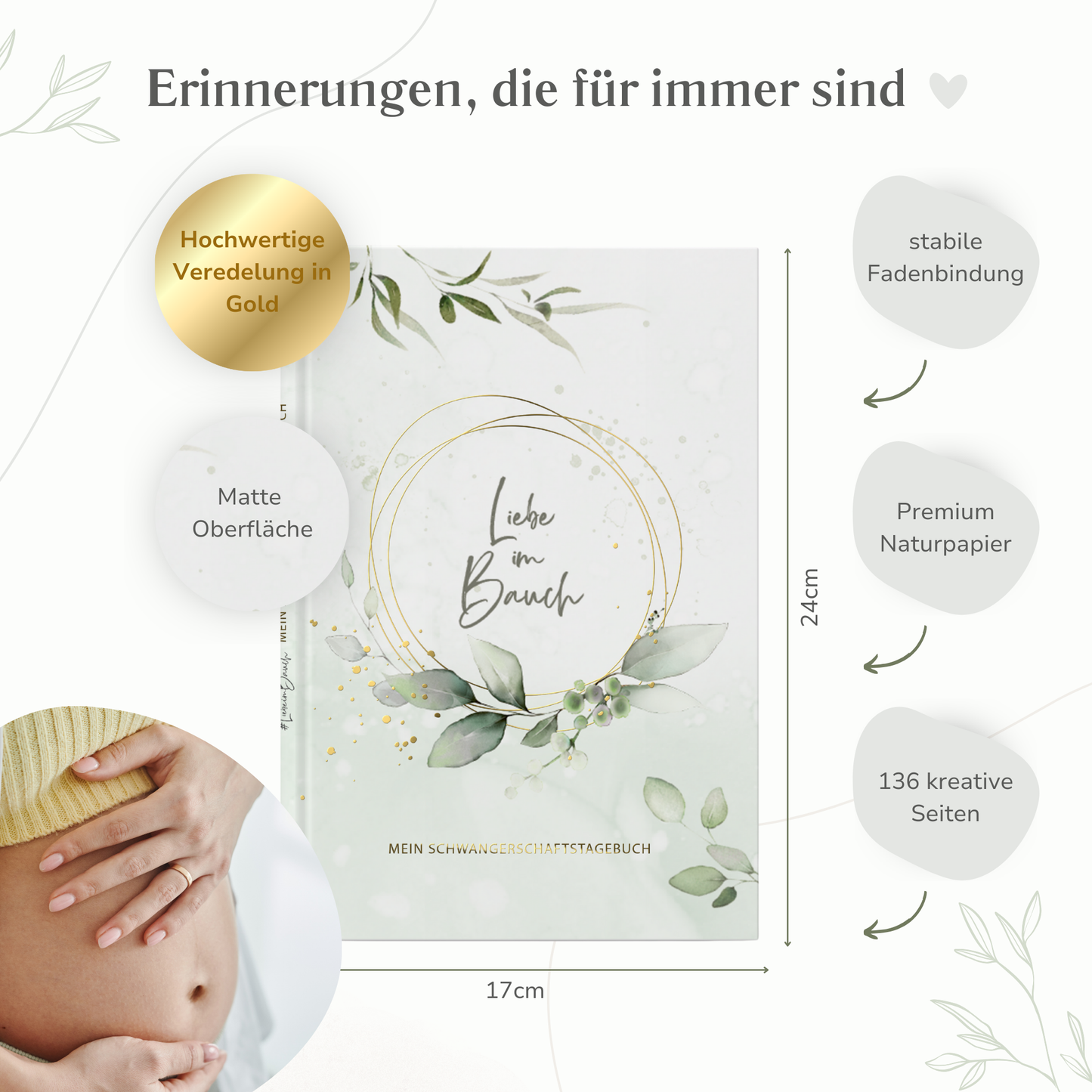 Schwangerschaftstagebuch hochwertig vergoldet | mint Eukalyptus
