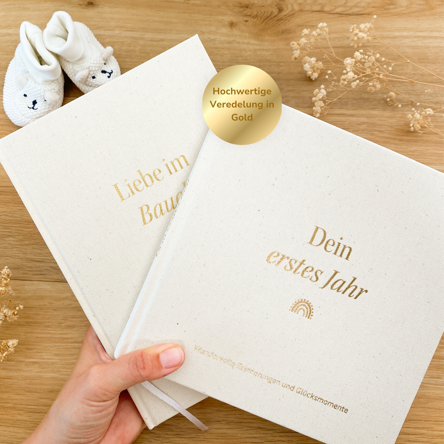 Geschenk Schwangerschaft & Geburt – Leinenbücher Set „Liebe im Bauch“ & „Mein erstes Jahr“