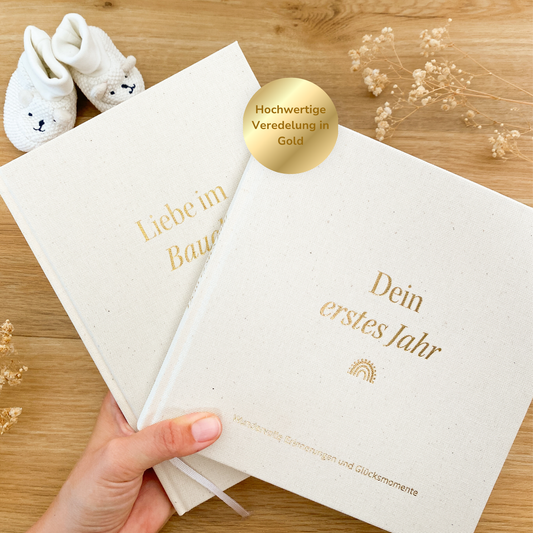 Geschenk Schwangerschaft & Geburt – Leinenbücher Set „Liebe im Bauch“ & „Mein erstes Jahr“