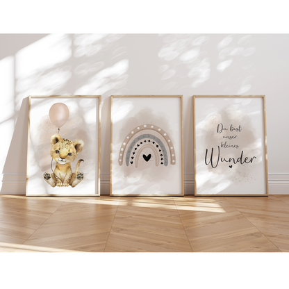 Kinderzimmer Poster | 3er Set A4 | Löwe & Luftballon beige