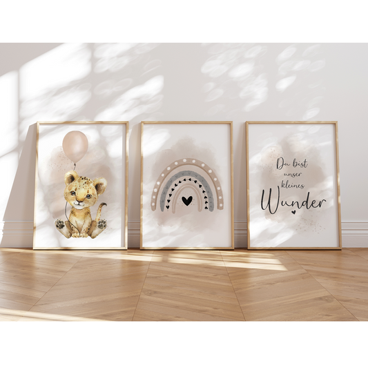 Kinderzimmer Poster | 3er Set A4 | Löwe & Luftballon beige