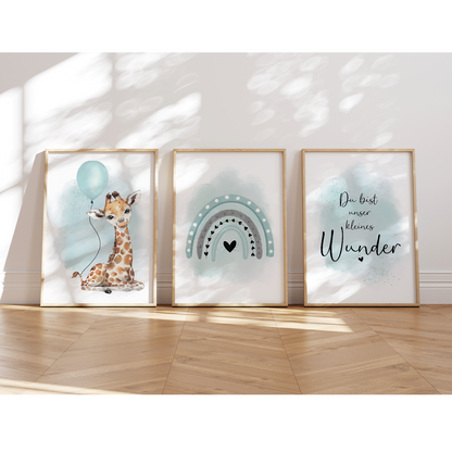 Kinderzimmer Poster | 3er Set A4 | Giraffe & Luftballon mint