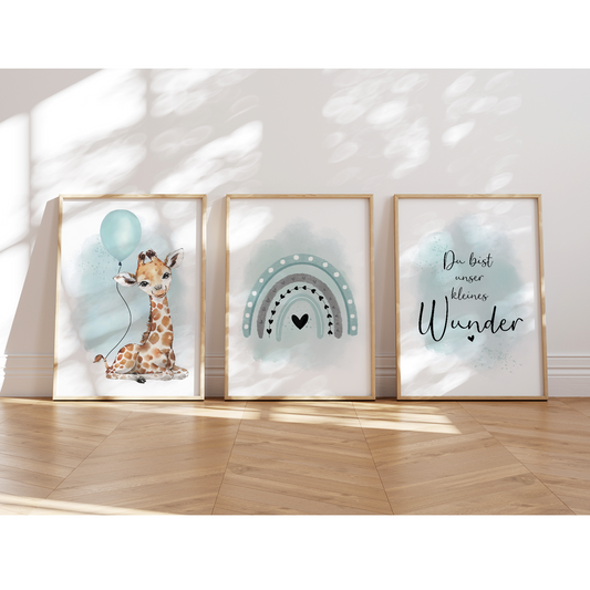 Kinderzimmer Poster | 3er Set A4 | Giraffe & Luftballon mint