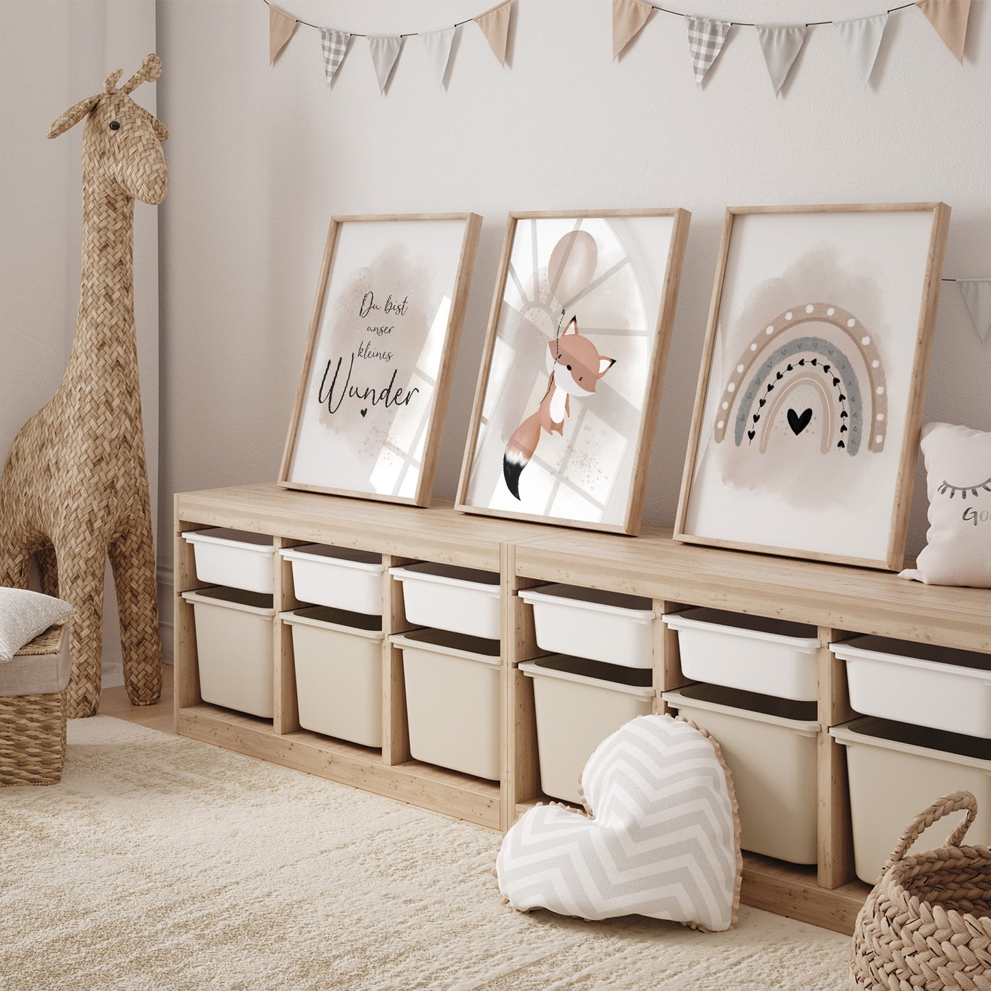 Kinderzimmer Poster | 3er Set A4 | Luftballon & Fuchs beige