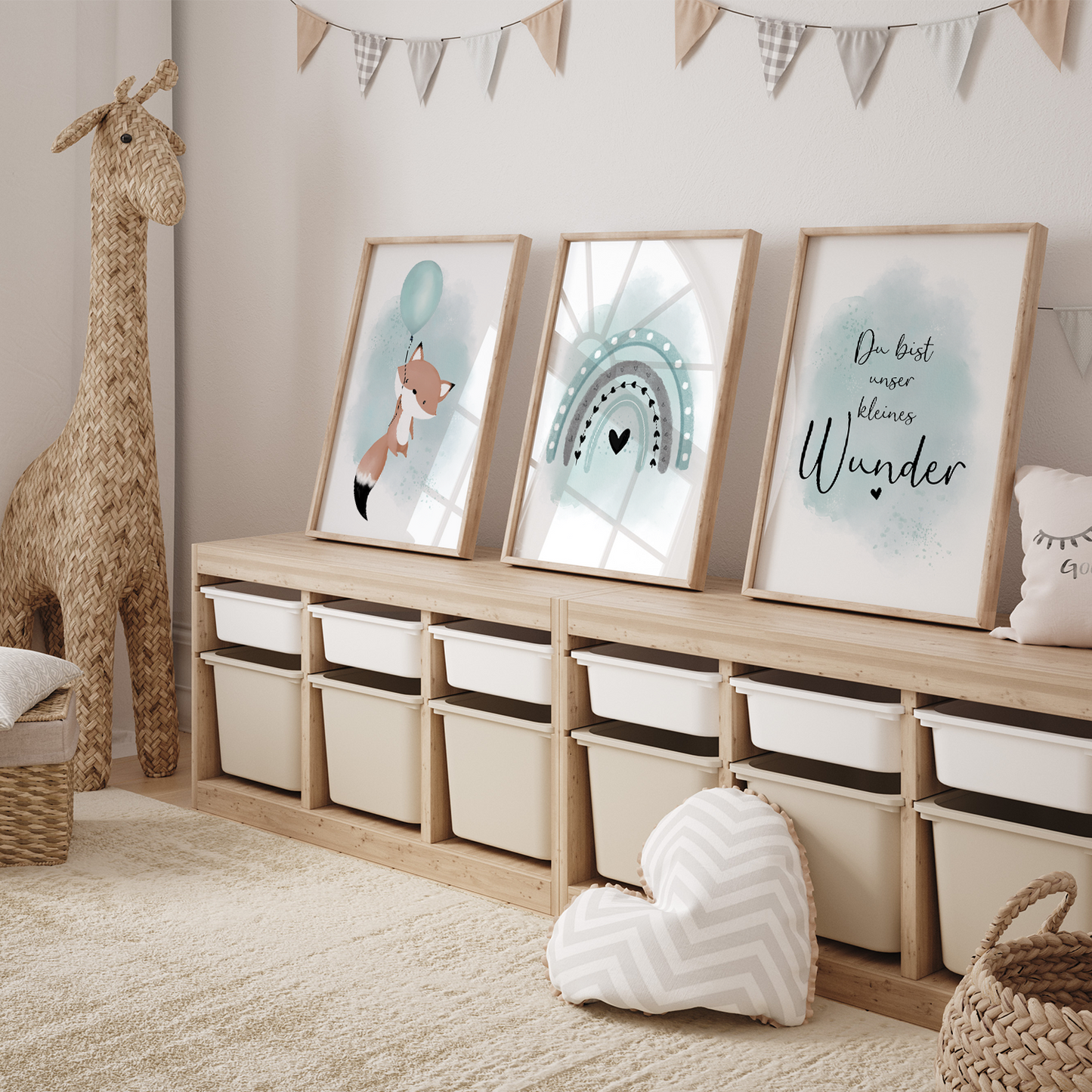 Kinderzimmer Poster | 3er Set A4 | Luftballon & Fuchs mint