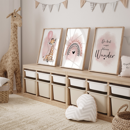 Kinderzimmer Poster | 3er Set A4 | Giraffe & Luftballon rosa