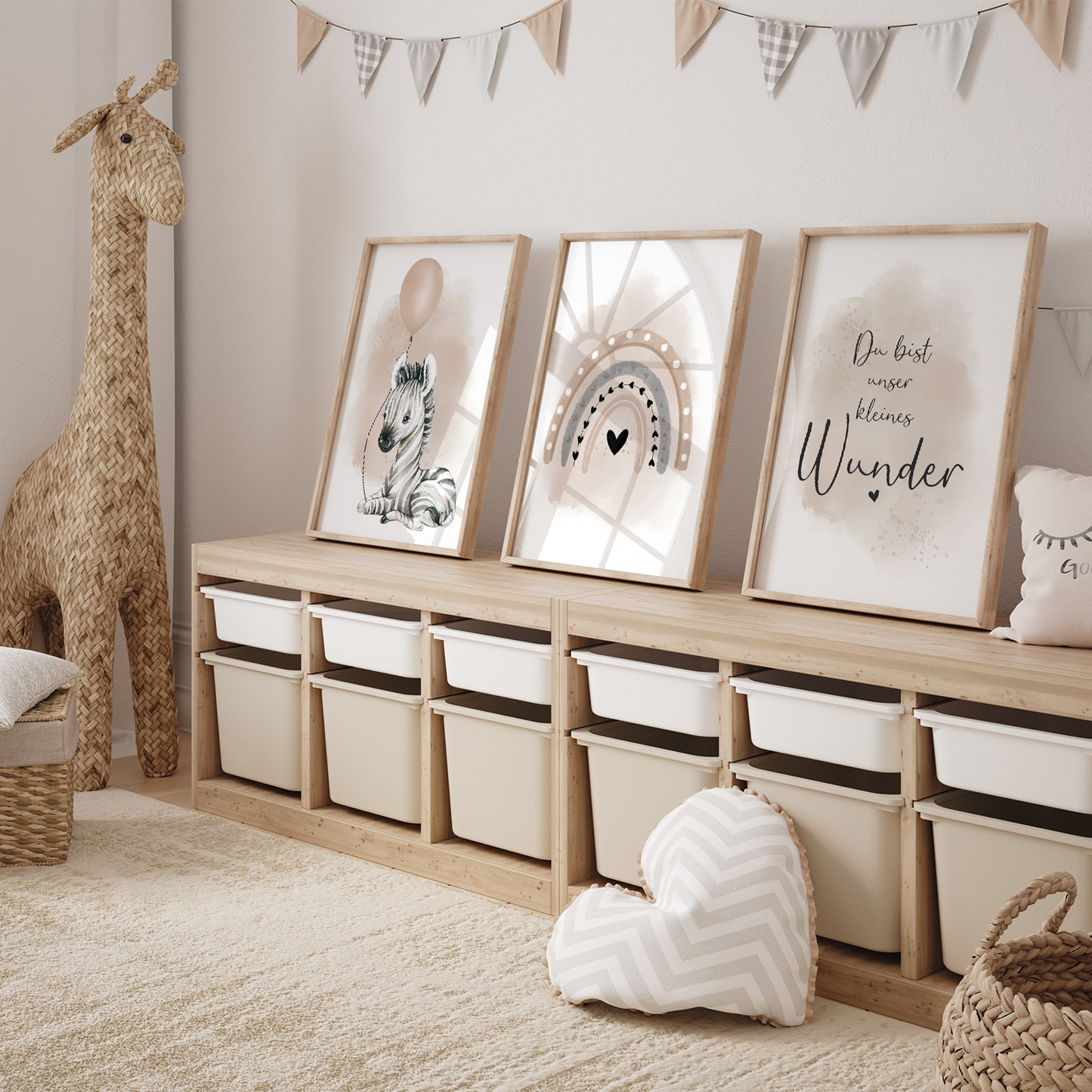 Kinderzimmer Poster | 3er Set A4 | Zebra & Luftballon beige