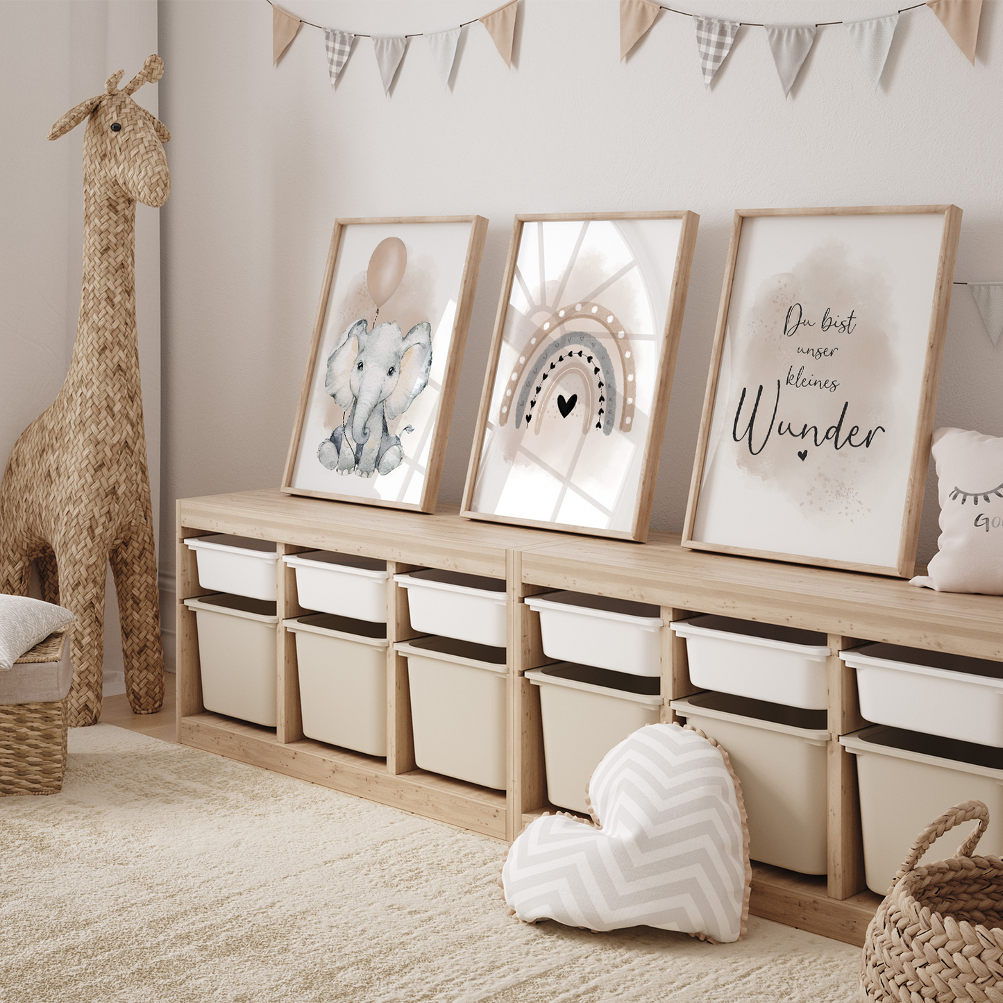 Kinderzimmer Poster | 3er Set A4 | Elefant & Luftballon beige