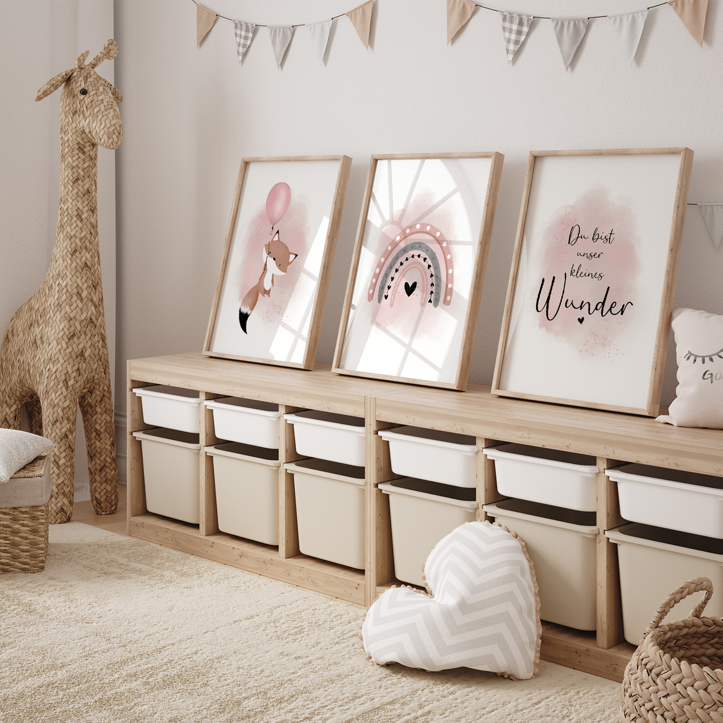Kinderzimmer Poster | 3er Set A4 | Fuchs Luftballon rosa