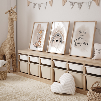 Kinderzimmer Poster | 3er Set A4 | Giraffe & Luftballon beige