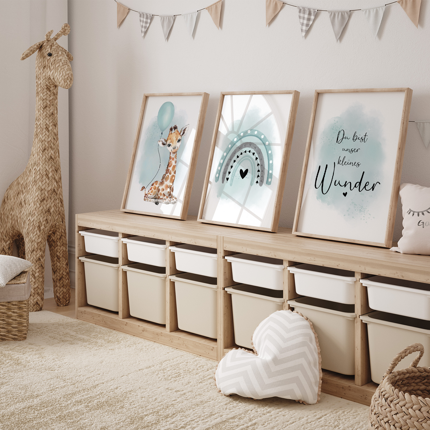 Kinderzimmer Poster | 3er Set A4 | Giraffe & Luftballon mint
