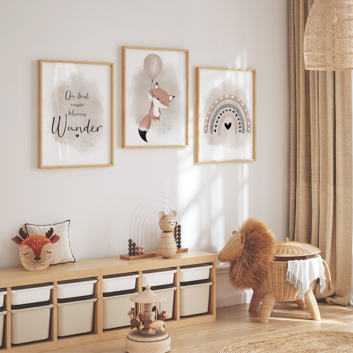 Kinderzimmer Poster | 3er Set A4 | Luftballon & Fuchs beige