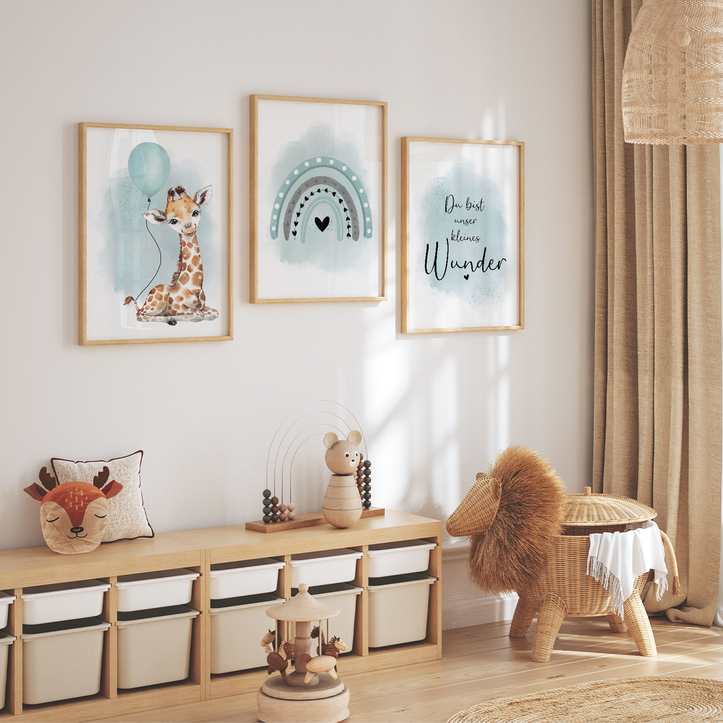 Kinderzimmer Poster | 3er Set A4 | Giraffe & Luftballon mint