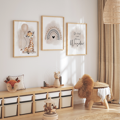 Kinderzimmer Poster | 3er Set A4 | Giraffe & Luftballon beige