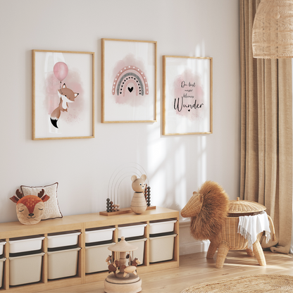 Kinderzimmer Poster | 3er Set A4 | Fuchs Luftballon rosa