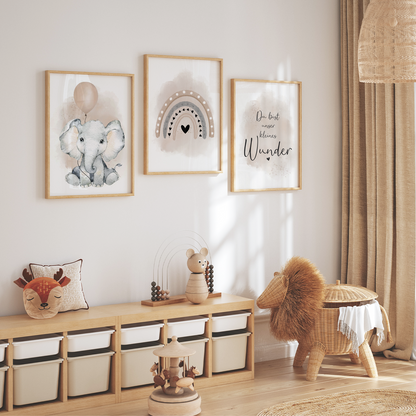 Kinderzimmer Poster | 3er Set A4 | Elefant & Luftballon beige