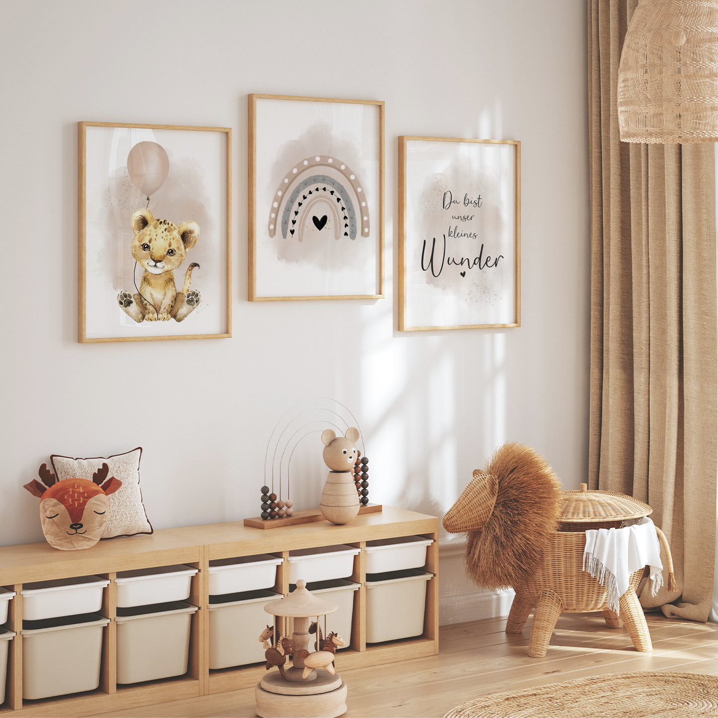 Kinderzimmer Poster | 3er Set A4 | Löwe & Luftballon beige
