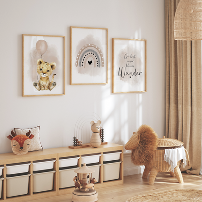 Kinderzimmer Poster | 3er Set A4 | Löwe & Luftballon beige