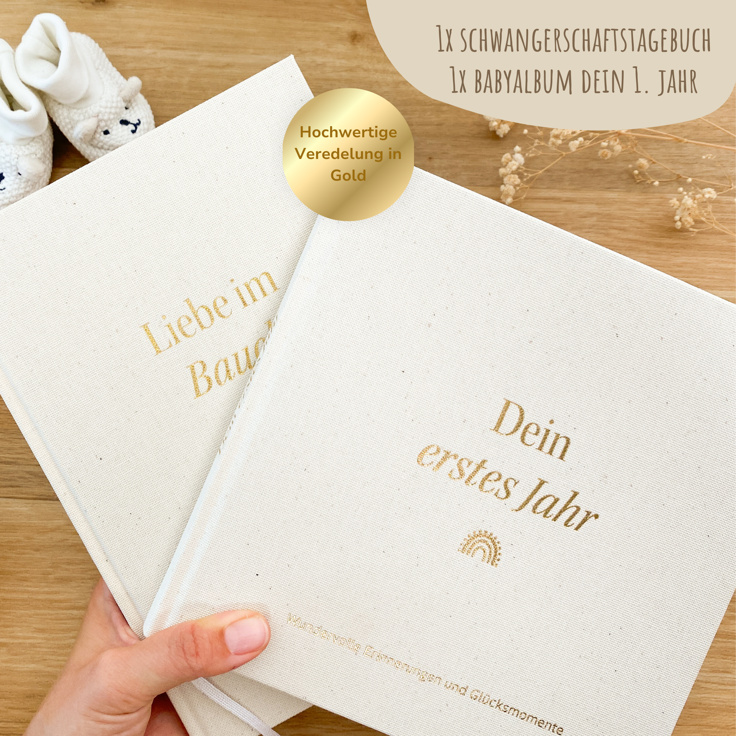Geschenk zur Schwangerschaft – Set mit SSW-Tagebuch, Babyalbum & Familien Socken