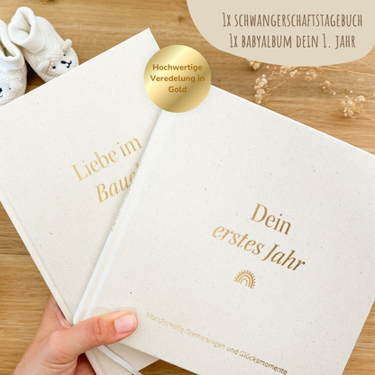 Geschenk zur Schwangerschaft – Set mit SSW-Tagebuch, Babyalbum & Familien Socken