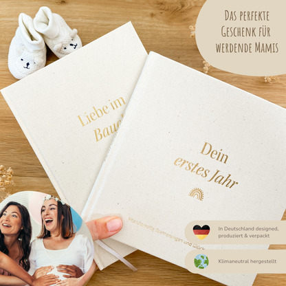 Geschenk Schwangerschaft & Geburt – Leinenbücher Set „Liebe im Bauch“ & „Mein erstes Jahr“