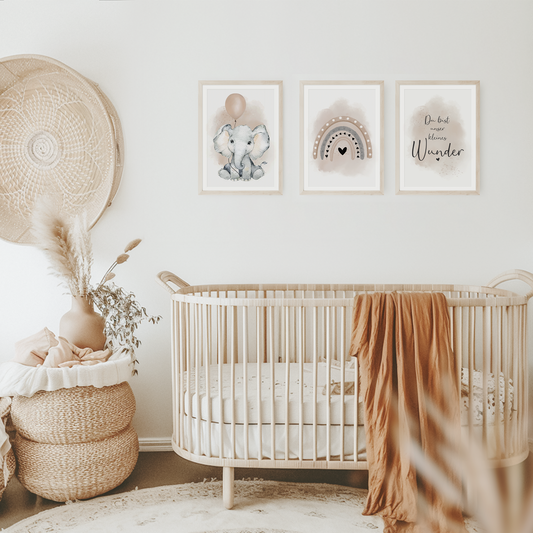 Kinderzimmer Poster | 3er Set A4 | Elefant & Luftballon beige